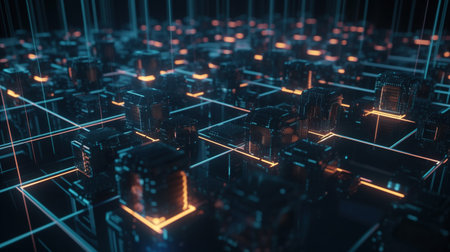 Abstract 3d rendering of data center with glowing lights. Technology concept.の素材