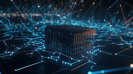 3D rendering of a holographic cube on a blue background.の素材