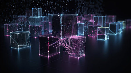 Abstract 3d rendering of cubes with low poly mesh. Futuristic background.の素材
