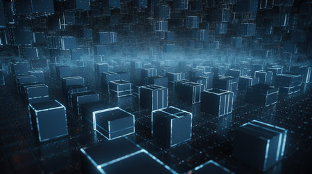 3D rendering of abstract digital city with glowing cubes. Technology conceptの素材