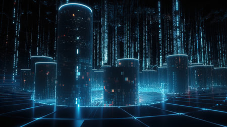 Futuristic city with glowing neon lines on dark background. 3D renderingの素材