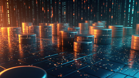 3D rendering of a server with binary code in the background.の素材