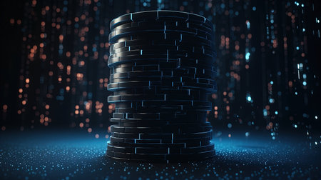3d rendering of a stack of coins with a digital background.の素材