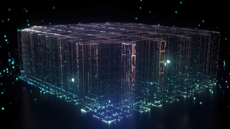 Abstract 3d rendering of wireframe cube. Futuristic technology style.の素材