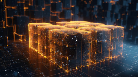 Futuristic technological background with glowing cubes. 3D Renderingの素材