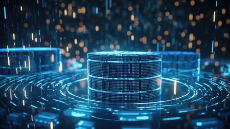 Futuristic server room with neon lights. 3D Renderingの素材