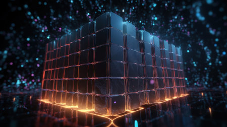 Abstract 3d rendering of cubes with glowing lines. Futuristic background.の素材