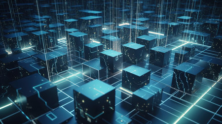 3D rendering of abstract digital city with cubes and lines. Technology conceptの素材