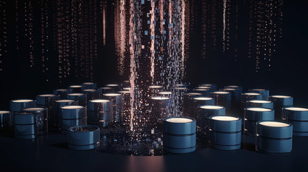 3d rendering of blue barrels with binary code on the black backgroundの素材