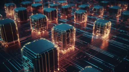3d rendering of a wireframe city on a circuit board.の素材