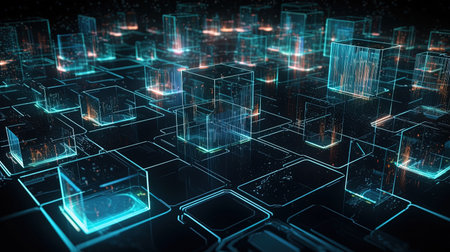 3d rendering of abstract technology background with hexagons and glowing lightsの素材