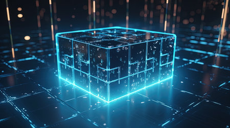 3d rendering of cube with glowing blue neon light on dark backgroundの素材