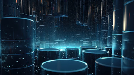 abstract 3d illustration of futuristic city with black and blue lightsの素材