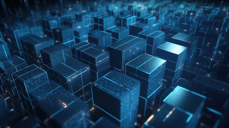 3D rendering of abstract technology background with hexagons and digital shapesの素材