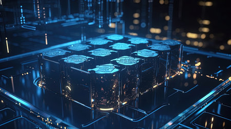 3D rendering of abstract technology concept with circuit board and binary codeの素材