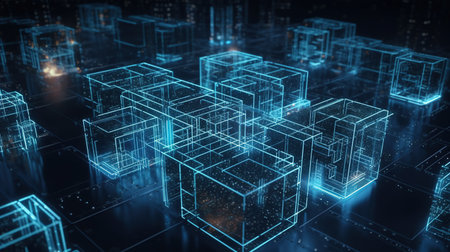 Abstract 3d rendering of blue cubes with glowing lines. Futuristic technology background.の素材