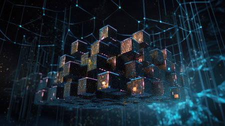 Abstract 3d rendering of low poly wireframe city with glowing cubes.の素材