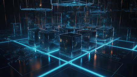 3D rendering of abstract technological background with glowing cubes and lines.の素材