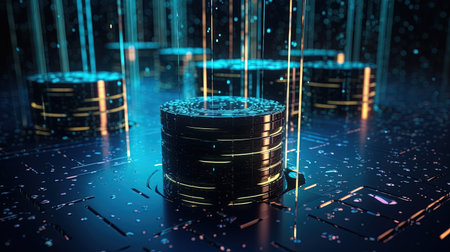 3D rendering of a server with binary code in the background.の素材