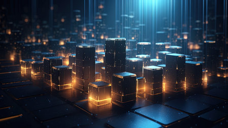 3D rendering of a city with neon lights in the background.の素材
