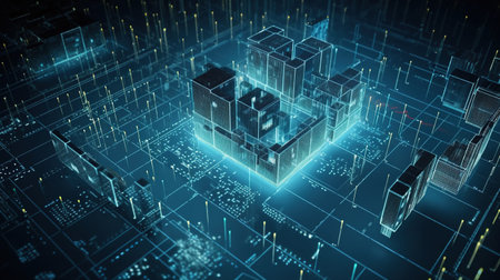 3D rendering of abstract digital city with circuit board and binary codeの素材
