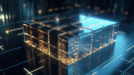 Abstract 3d rendering of glowing cubes on digital background. Technology conceptの素材
