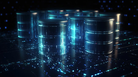 3D rendering of a data center with binary code in the backgroundの素材