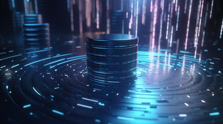 3d rendering of coin stack with digital binary code. Cryptocurrency conceptの素材