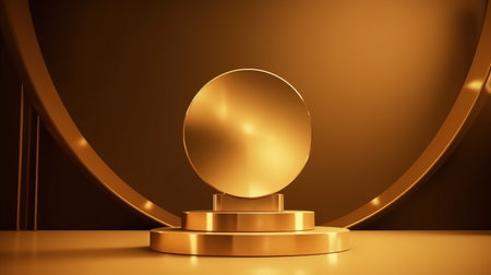 3d rendering of a golden podium with a round mirror in the middle.の素材