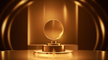 3d render of golden podium for product display. Abstract background.の素材