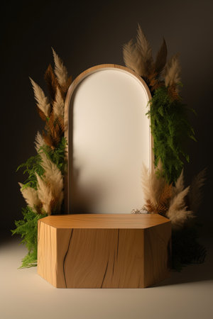 Wooden podium for product presentation in the dark room with green plantsの素材