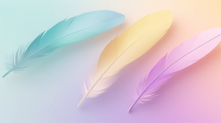 Colorful feathers on pastel gradient background. Vector illustration for your designの素材