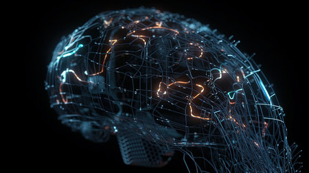 3D rendering of a wireframe human brain with glowing lines and connectionsの素材