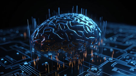 3d render of human brain with circuit board background. Technology conceptの素材