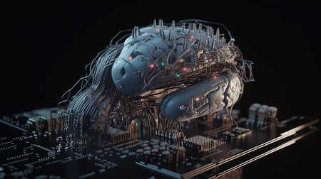 3D rendering of artificial intelligence brain with circuit board in the backgroundの素材