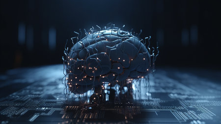 3d rendering of a human brain on a computer circuit board backgroundの素材