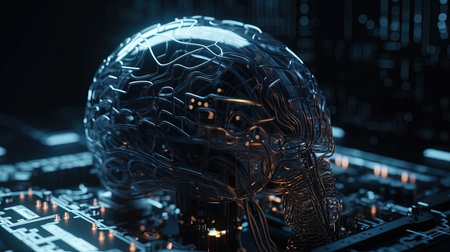 3D rendering of artificial intelligence concept with human brain and computer circuit boardの素材