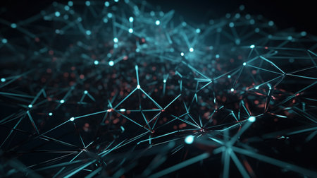 Abstract 3d rendering of chaotic particles. Futuristic background with connecting dots and lines. Big data visualization.の素材