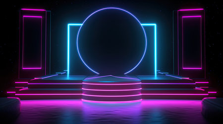 Podium with neon lights, abstract background, 3d render illustrationの素材