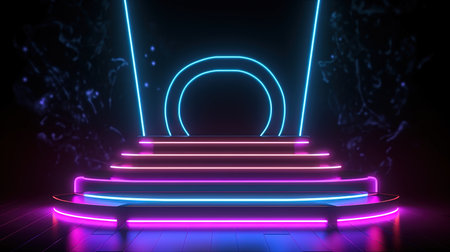 Neon podium in dark room with neon lights, 3d renderingの素材