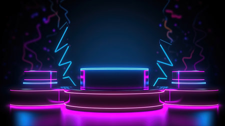 Neon round podium with lighting, Stage Podium Scene with for Award Ceremony on dark Background. Vector illustrationの素材