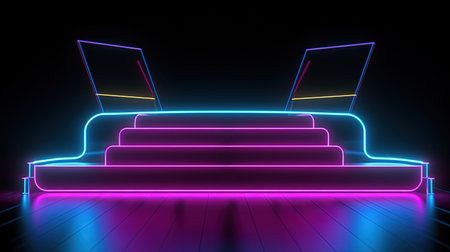 3d render, abstract background with neon lights, empty stage.の素材