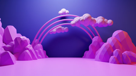 Minimalist landscape scene with clouds and rainbow, 3d renderの素材