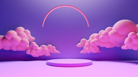 3d render of minimal display podium with clouds and sky background.の素材