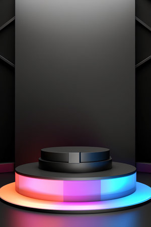 Podium with color lighting, Stage Podium Scene for Award Ceremony on black Background. Vector illustrationの素材