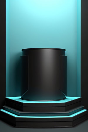 Black pedestal in dark room, 3d rendering. Computer digital drawing.の素材