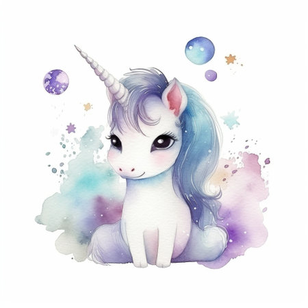 Cute watercolor unicorn. Hand drawn illustration isolated on white background.の素材