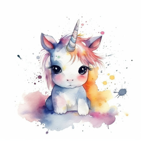 Cute unicorn with watercolor splash on white background. Watercolor illustrationの素材