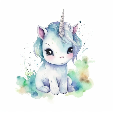Watercolor cute unicorn. Hand drawn illustration isolated on white background.の素材