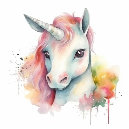 Watercolor unicorn portrait. Hand drawn watercolor unicorn illustration. Isolated on white background.の素材